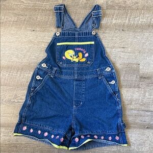 Vintage Looney Tunes Tweety Denim Embroidered Overalls Size 8